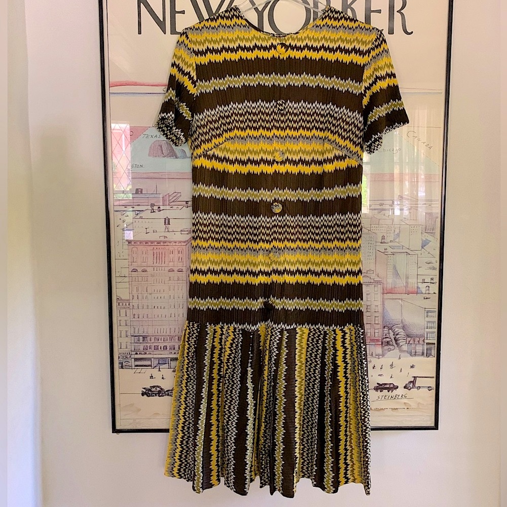 Vintage Missoni vibes dress in brown& yellow design, drop waist pleated skirt S